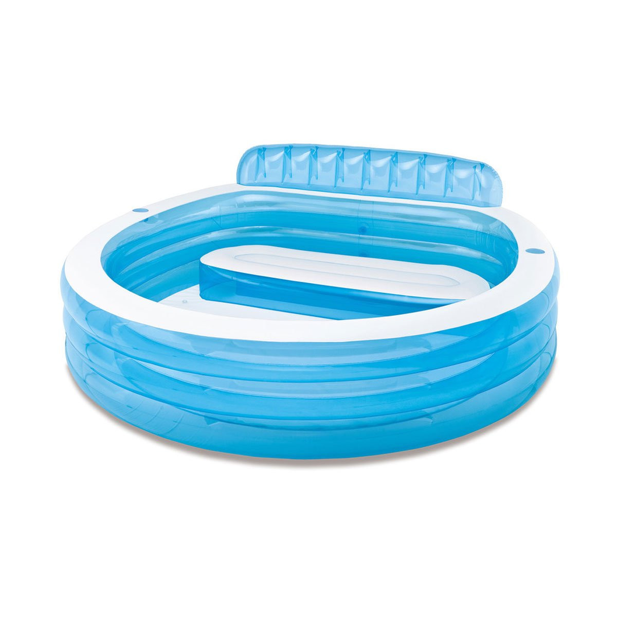 Circular blue inflatable lounge pool showing the internal bench seat and cushioned backrest for seated comfort in shallow water.